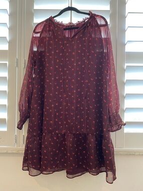 LOFT Burgundy Sheer Long-Sleeve Floral Tie-Neck Dress